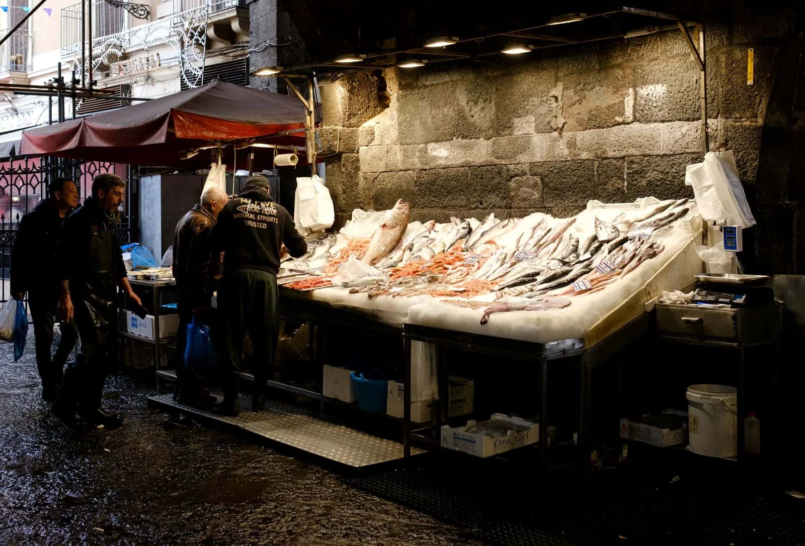 Etal de poissons sur glace sous les arches de pierre volcanique de la pescheria, le marché aux poissons de Catane, au petit matin