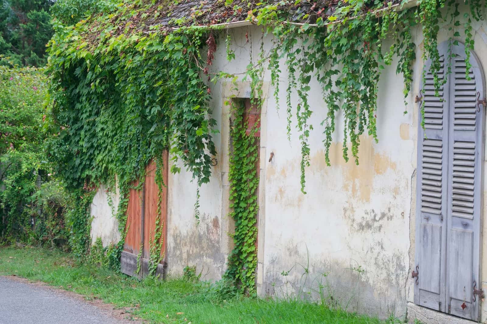 Façade ancienne au crépi abîmé et aux volets usés, maison à rénover dans un village italien