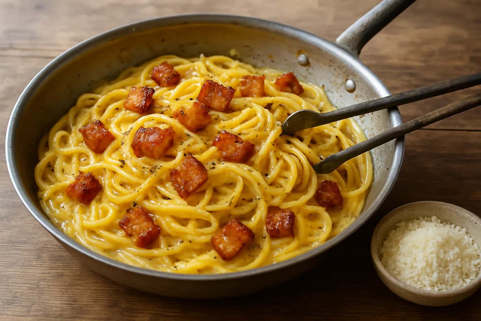 Spaghetti mélangés dans une poêle avec jaune d'œuf, pecorino et dés de guanciale doré pour la carbonara