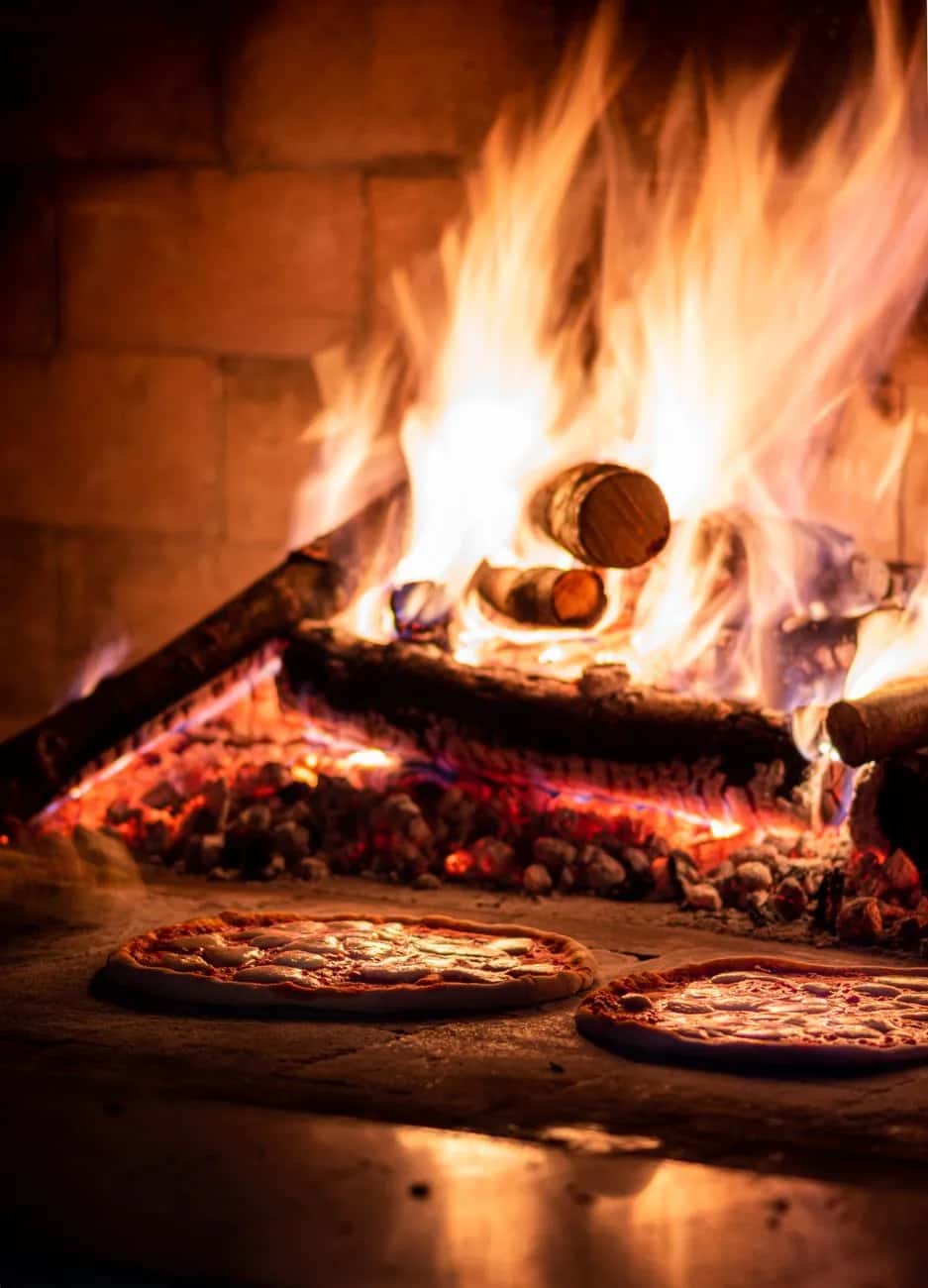 Pizzas napolitaines en cuisson sur la sole d'un four à bois, braises et flammes en fond