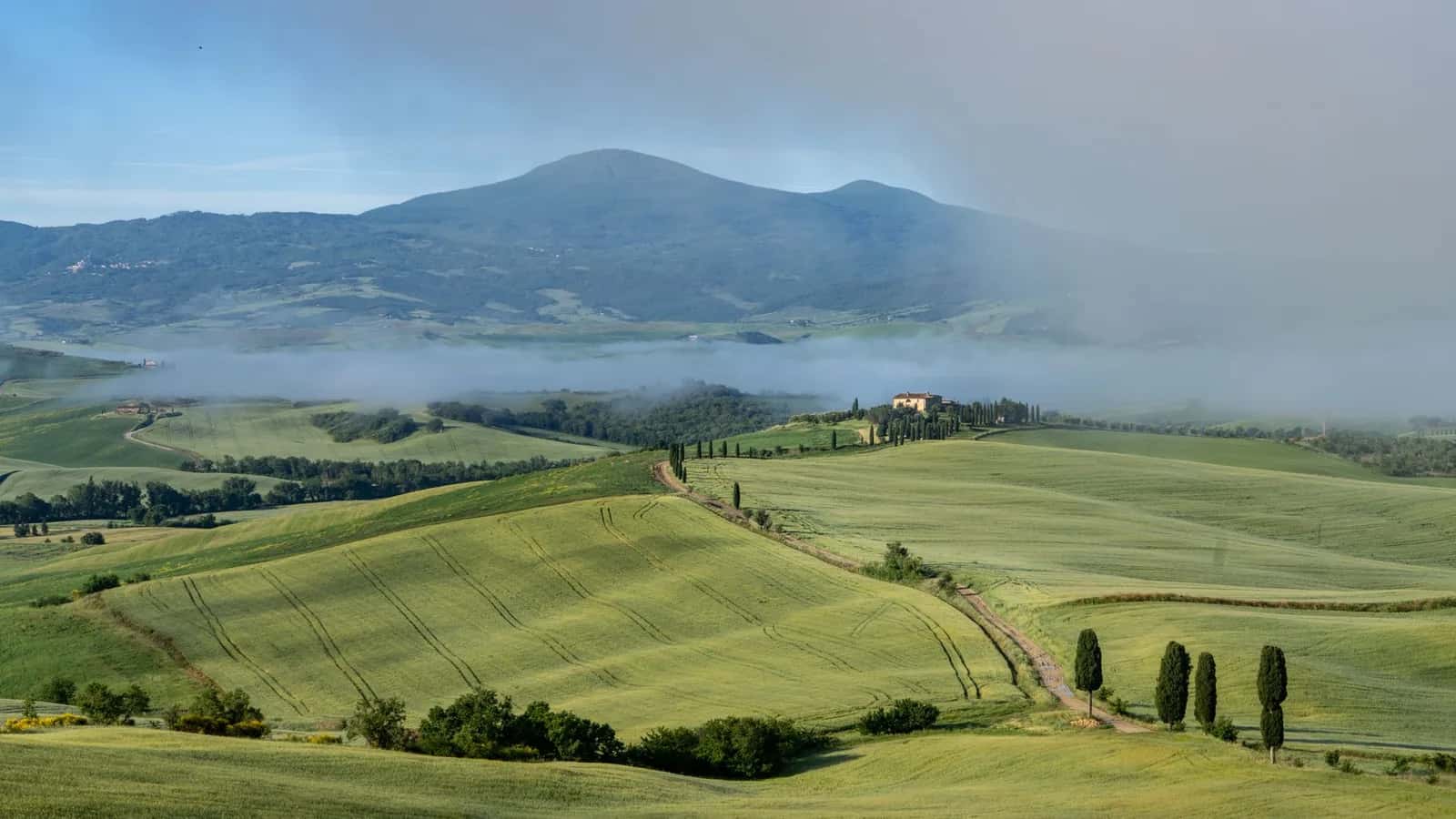 Collines, cyprès et ferme du Val d'Orcia en Toscane, au sud de Sienne